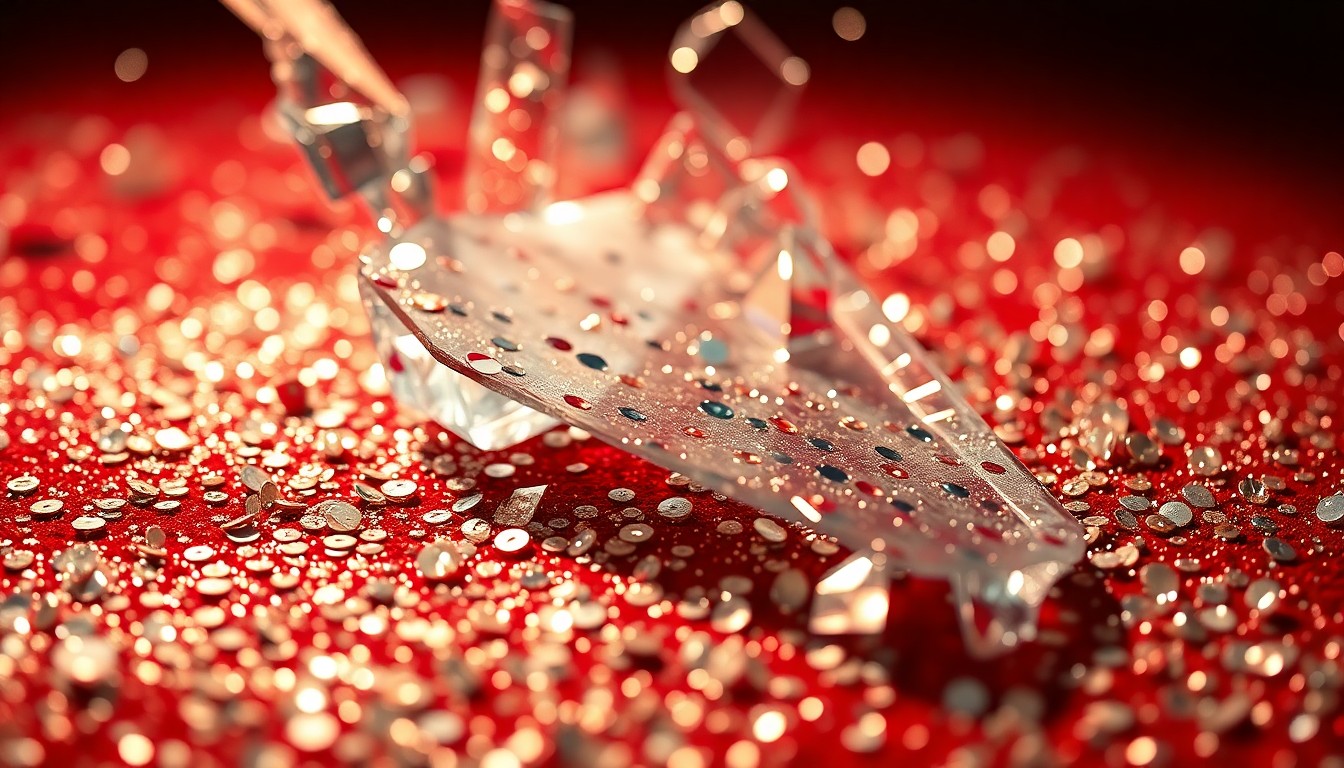 An extreme close-up photograph of shattered glass and glittering sequins, capturing the high-fashion glamour and cinematic drama of the upcoming Avengers film.