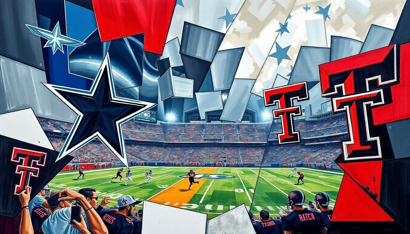 A fragmented, geometric painting depicting a football player in motion, with sharp planes of red, black, navy, and silver colors representing the competing teams and the multifaceted nature of the prospect's skills and personality.