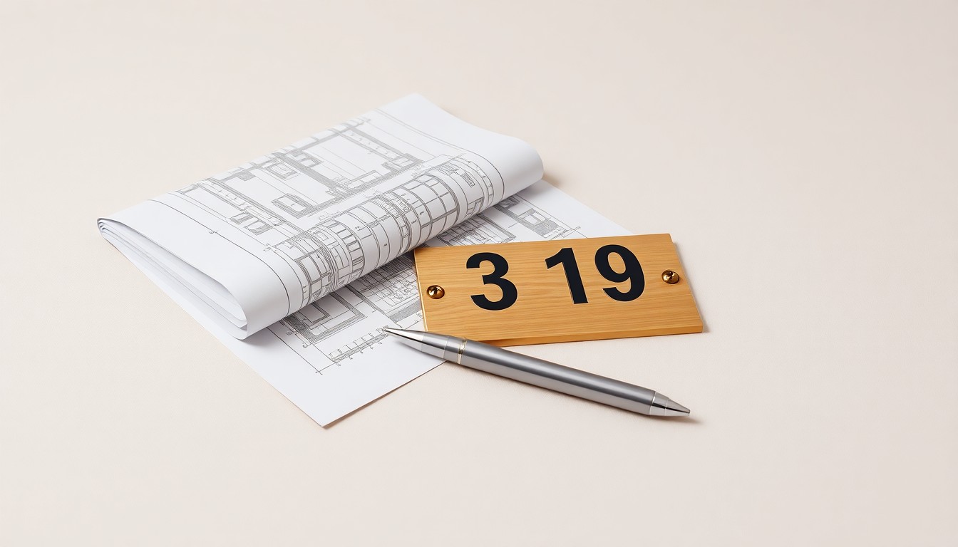 A high-end, photorealistic studio still-life photograph featuring a stack of architectural blueprints, a sleek silver pen, and a polished brass house number plaque, conceptually representing the precision, professionalism, and attention to detail that defines the property management industry.