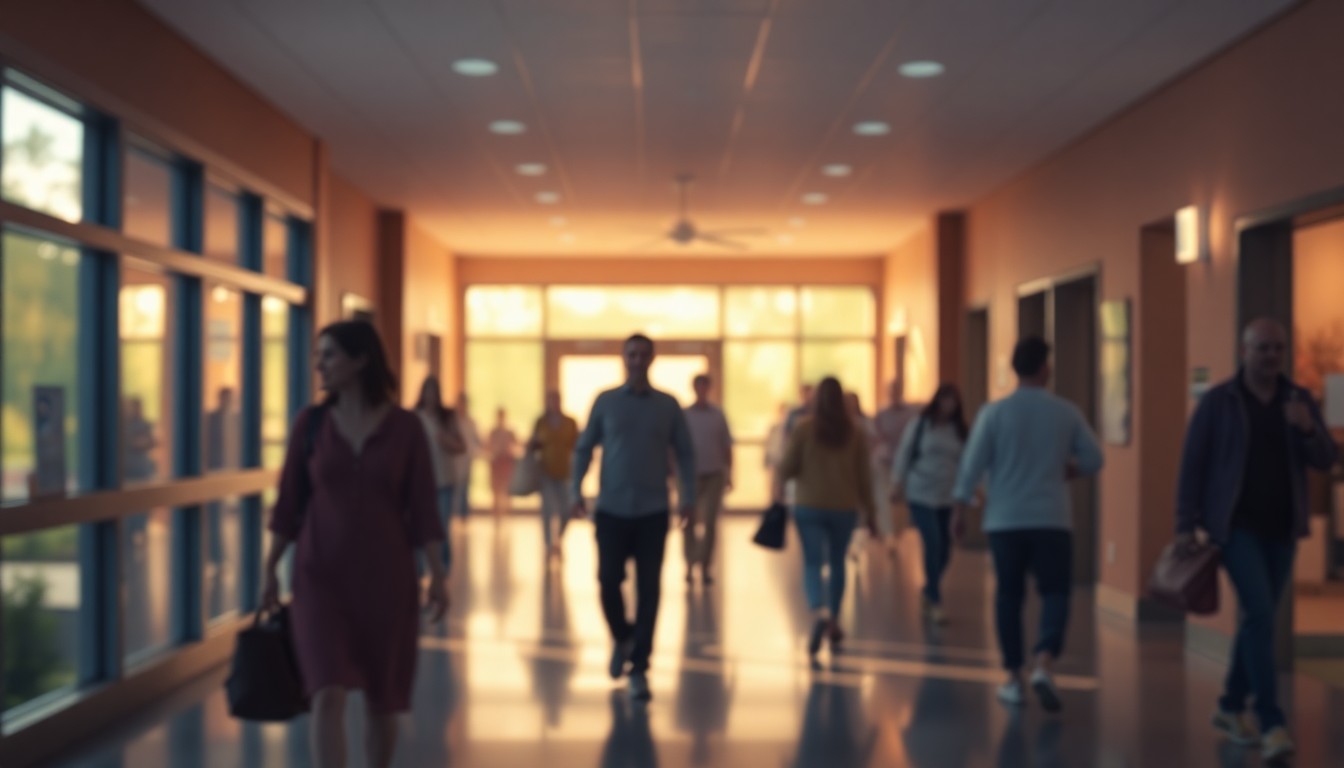 An abstract, impressionistic scene of people moving through a softly lit community center, with blurred shapes and vibrant washes of color creating an inviting, atmospheric mood.