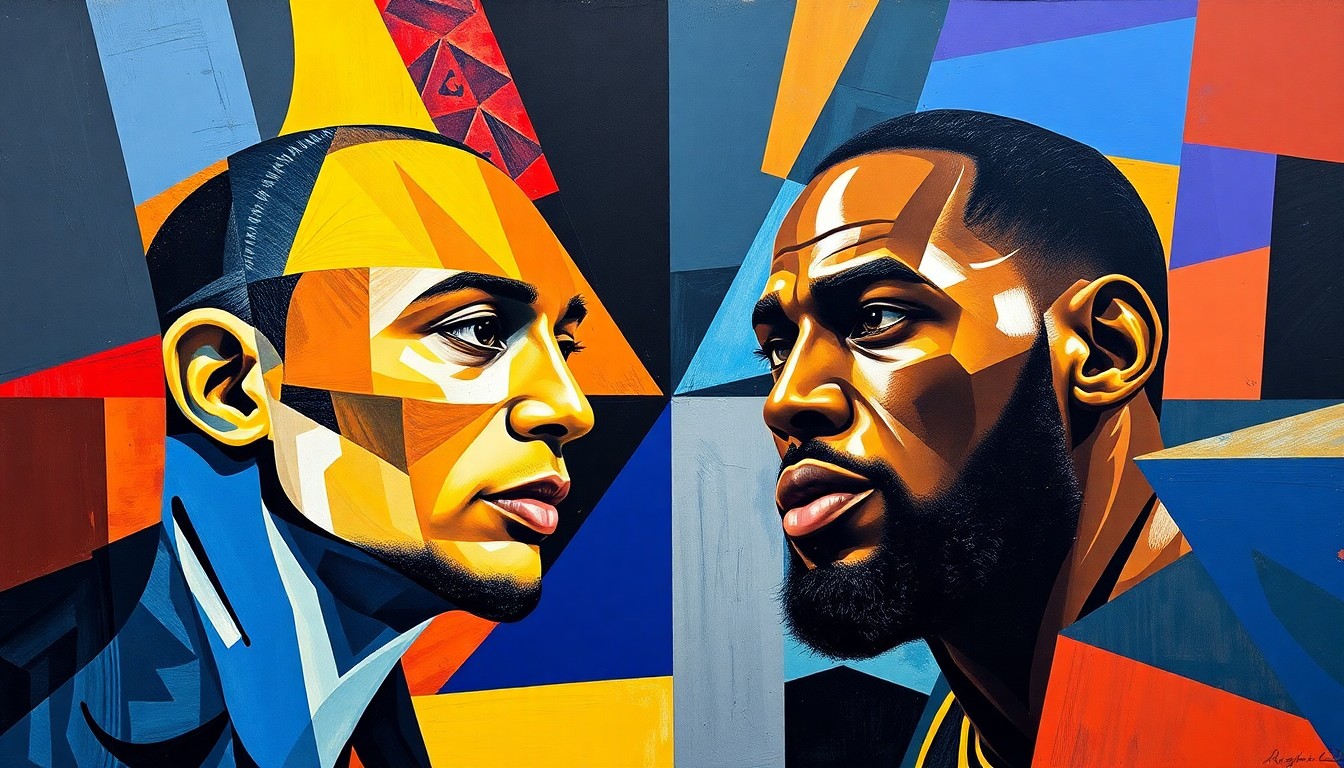 A fragmented, cubist-style painting depicting the action and intensity of a basketball playoff game, with the figures of Durant and James broken down into sharp, overlapping geometric shapes and planes of color.