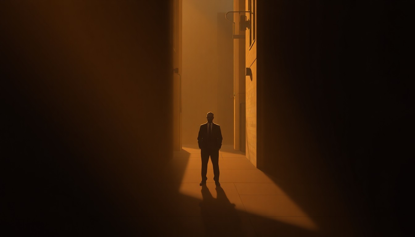 A solitary figure in a dimly lit urban alleyway, bathed in warm diagonal sunlight and deep shadows, capturing a sense of quiet contemplation and the weight of political responsibility.