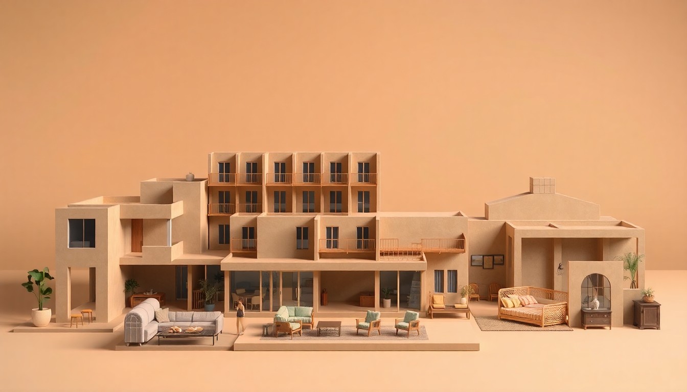 A photorealistic studio still-life featuring a collection of abstract architectural models and furnishings in muted earth tones, conveying the conceptual transformation of a hotel into an apartment complex.