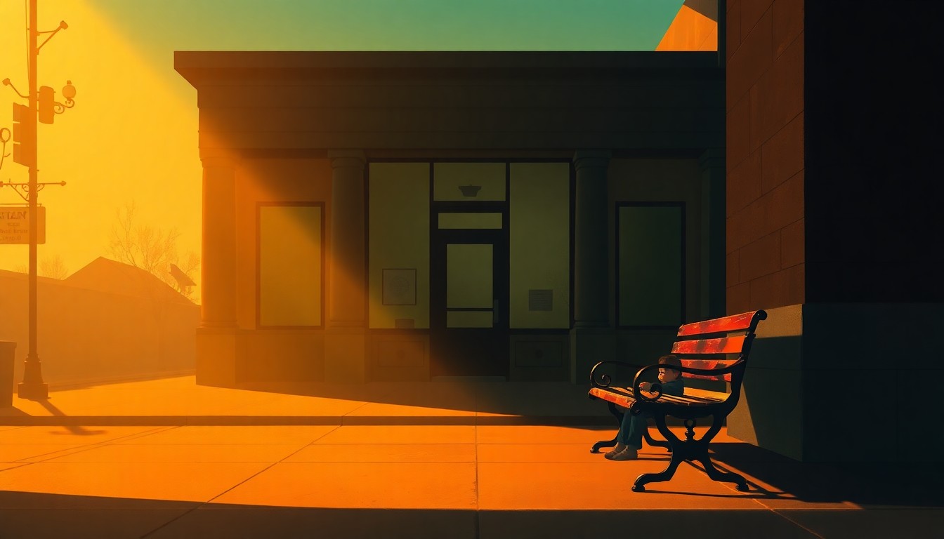 A serene, cinematic painting depicting a solitary immigrant child sitting alone on a bench outside a government building, the scene bathed in warm, golden light and deep shadows, conveying a sense of isolation and uncertainty.
