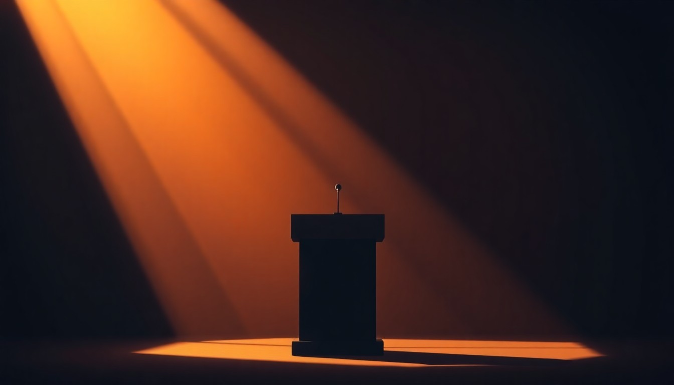 A serene, cinematic painting depicting a solitary political podium or lectern in a dimly lit, urban setting, with warm, diagonal sunlight and deep shadows creating a contemplative, nostalgic atmosphere.