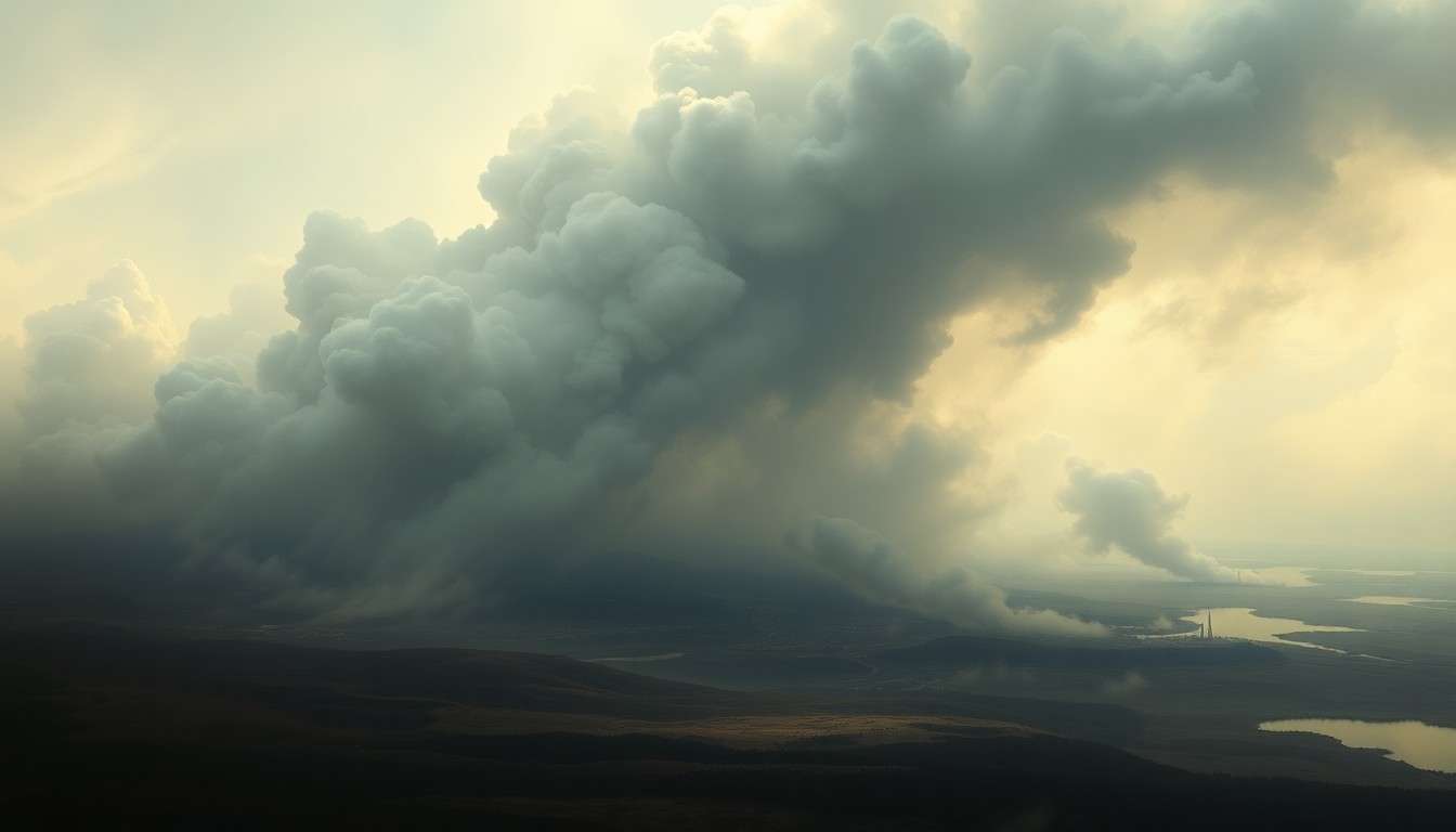A vast, atmospheric landscape painting in muted earth tones, with billowing clouds of smoke and ash obscuring the horizon and dwarfing any visible structures or vegetation, conveying the overwhelming scale and raw power of the natural disaster.