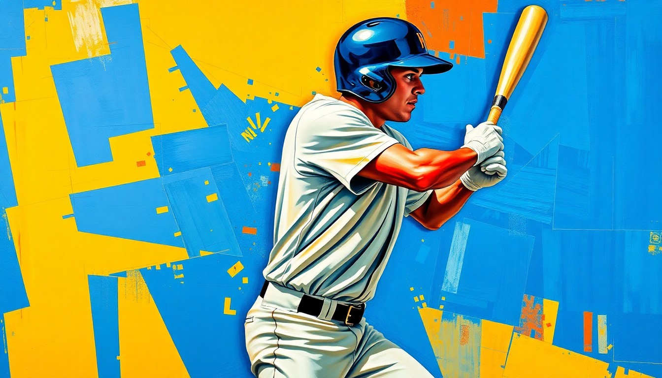 A fractured, geometric painting depicting a baseball player's batting stance and swing broken down into sharp, overlapping planes of color, conceptually representing the disconnect between a player's past success and current struggles at the plate.