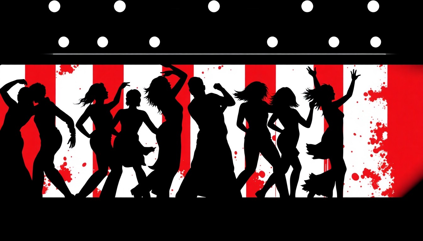 A dynamic, abstract illustration using bold black shapes and bright colors to capture the energy and excitement of a dance competition show without any literal depictions.