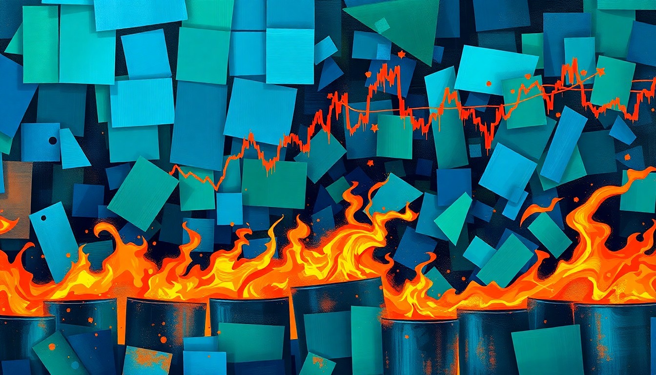 A vibrant, abstract painting composed of overlapping, fractured geometric shapes in shades of blue, green, and orange, conceptually representing the chaotic energy and high-stakes speculation around insider trading on sensitive geopolitical information.