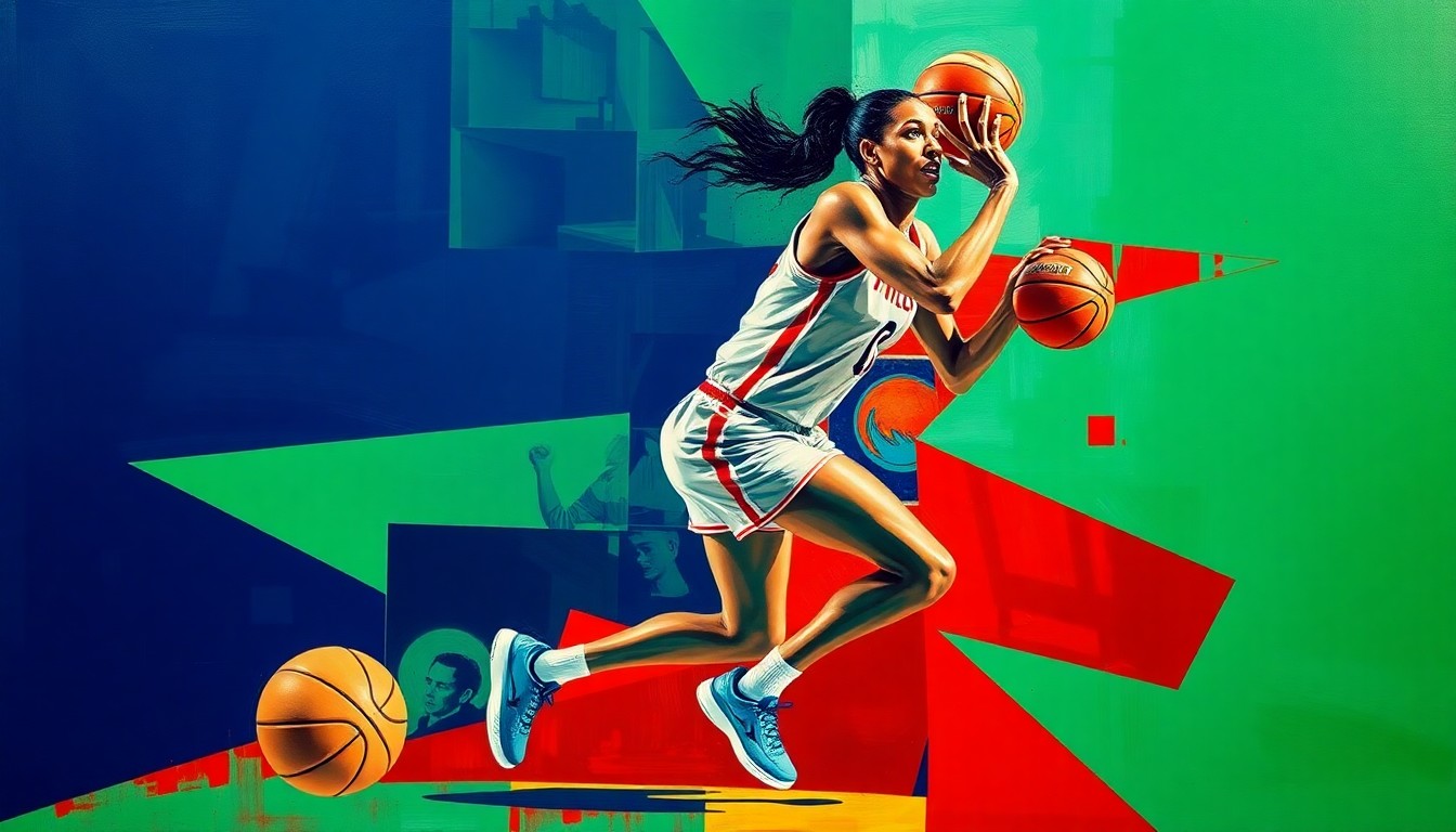 A fragmented, geometric painting depicting the dynamic movements of a women's basketball player, rendered in bold, contrasting colors.