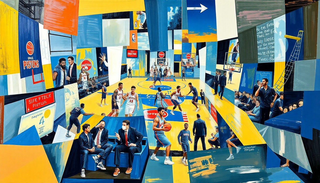 A cubist, geometric painting depicting a Pistons basketball game or practice, with overlapping planes and shapes representing the players and action on the court.