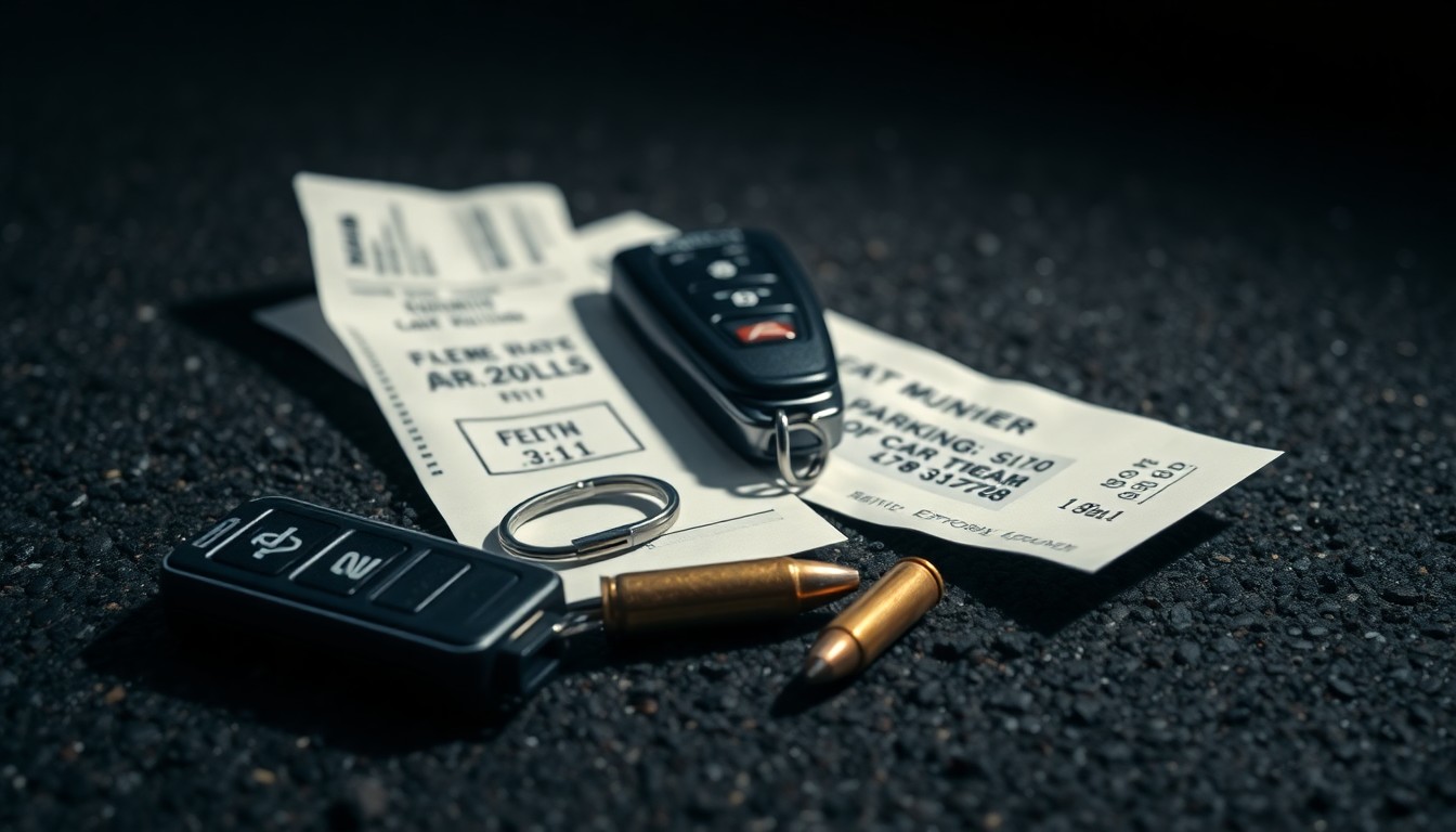 An extreme close-up photograph of a set of car keys, a crumpled parking ticket, and a small caliber bullet shell on a dark asphalt surface, conceptually representing the aftermath of a street takeover event involving reckless driving, firearms, and criminal activity.