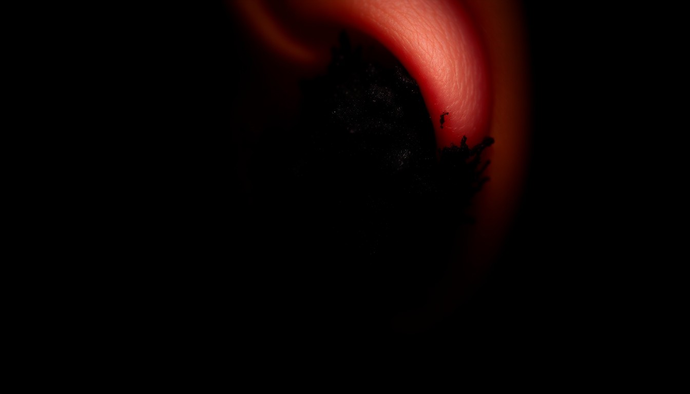 An extreme close-up photograph of a black, fuzzy growth on a human ear, captured with a harsh, direct flash against a dark background, conceptually illustrating the mold-related health issues faced by inmates at the Women's Huron Valley Correctional Facility.