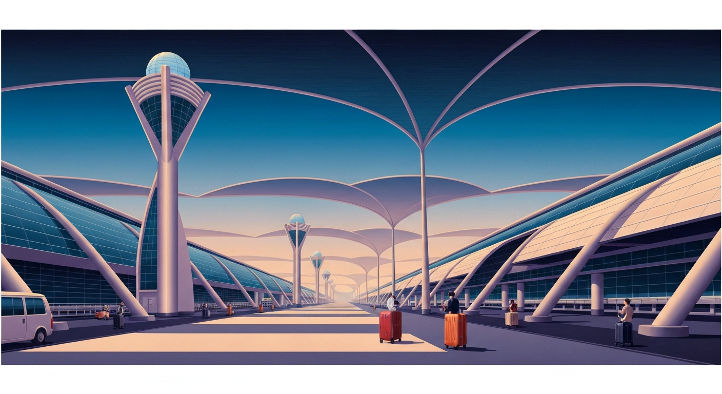 A highly stylized, geometric illustration depicting the towering, sweeping architecture of an airport terminal, with smooth gradients of blues and grays conveying a sense of efficiency and modernity.