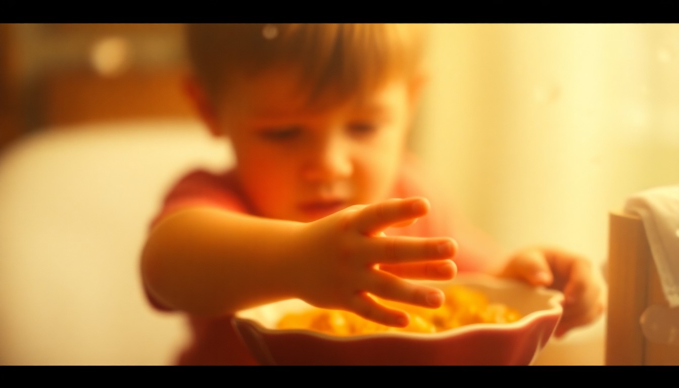 An abstract, out-of-focus photograph showing a child's hand reaching towards a blurred bowl of food, conveying the emotional experience of food insecurity during the summer months.