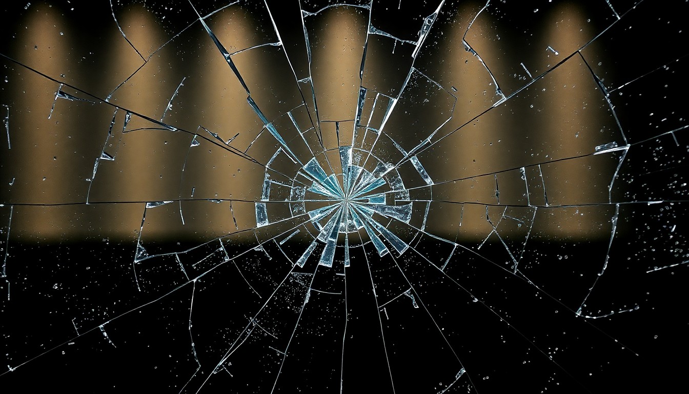 An extreme close-up of a shattered, glittering glass surface reflecting dramatic studio lighting, conceptually representing the divisive reaction to LACMA's bold new design.