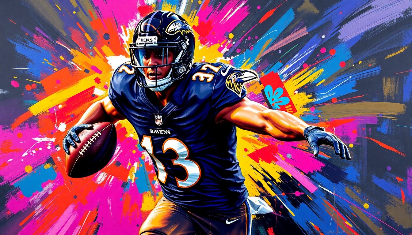An abstract, energetic painting featuring a Ravens player in motion, wearing the team's new 'Next Flight' uniform design with bold, neon-inspired brushstrokes and colors that capture the dynamic spirit of the team.