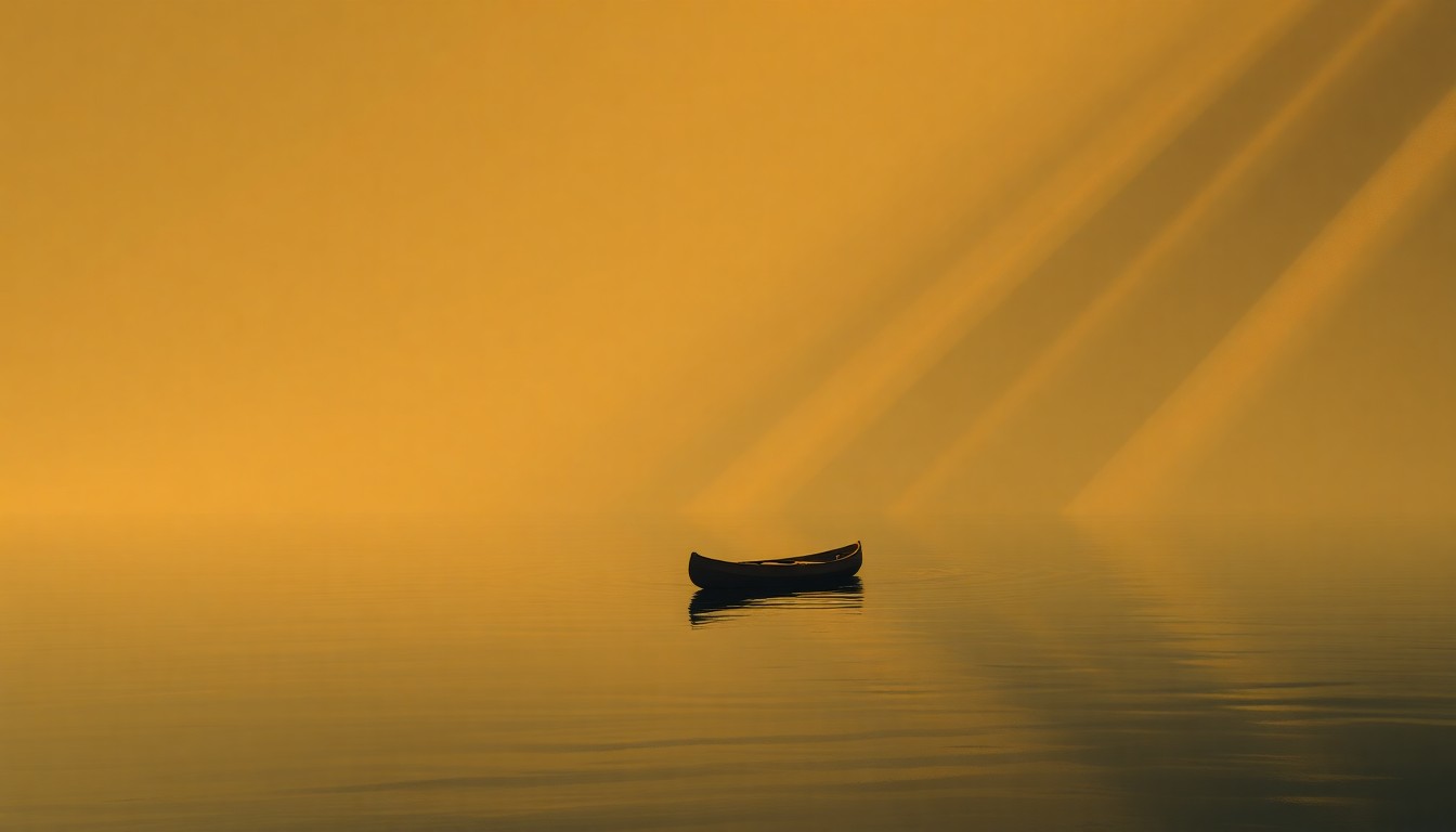 A serene painting of a solitary canoe floating on the Rio Grande river, the warm sunlight casting deep shadows across the water and surrounding landscape, capturing the natural beauty and tranquility of the Big Bend region.