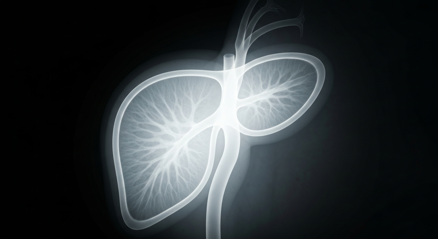 A ghostly, translucent X-ray image revealing the internal structure of a newborn's liver, conceptually illustrating the health risks posed by the resurgence of hepatitis B due to falling vaccination rates.