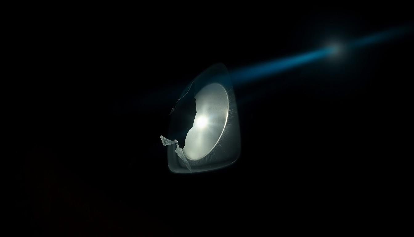An extreme close-up photograph of a damaged car side mirror or headlight lens, lit by a harsh, direct camera flash against a pitch-black background, conceptually illustrating the aftermath of a vehicular attack.