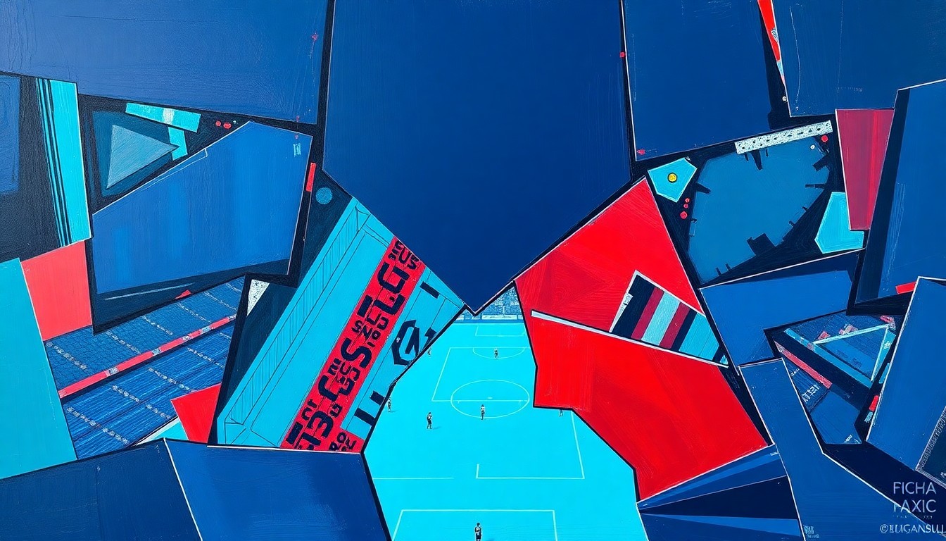 A fractured, cubist-style painting depicting the action and energy of a Liga MX soccer match between two teams, with sharp geometric shapes and planes of vibrant blue, turquoise, and crimson colors.