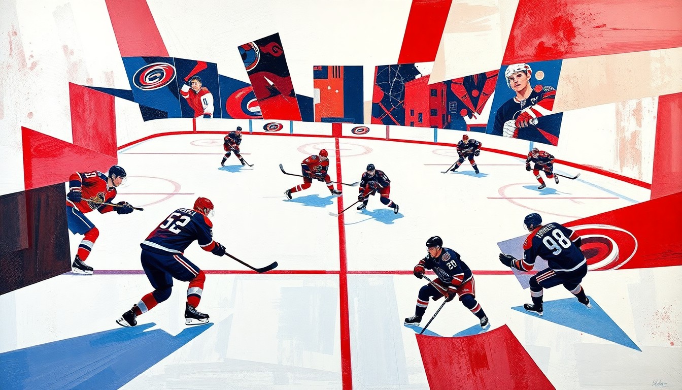 A cubist, geometric painting depicting an abstracted hockey game between the Ottawa Senators and Carolina Hurricanes, with the players and ice broken down into sharp, overlapping planes of color.