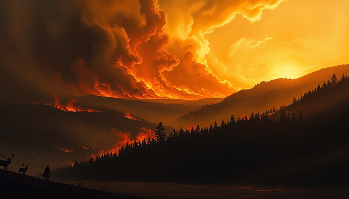 A vast, atmospheric landscape painting depicting a massive wildfire consuming a dense forest in the distance, with fleeting wildlife and a lone figure in the foreground, conveying the overwhelming, sublime power of nature.