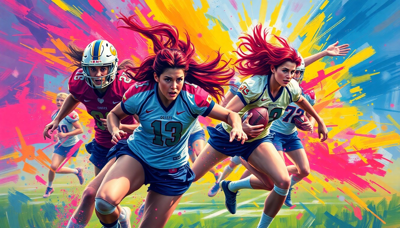 An abstract, energetic painting in neon colors depicting the dynamic movements of a women's flag football game, with players' forms dissolving into bold brushstrokes.