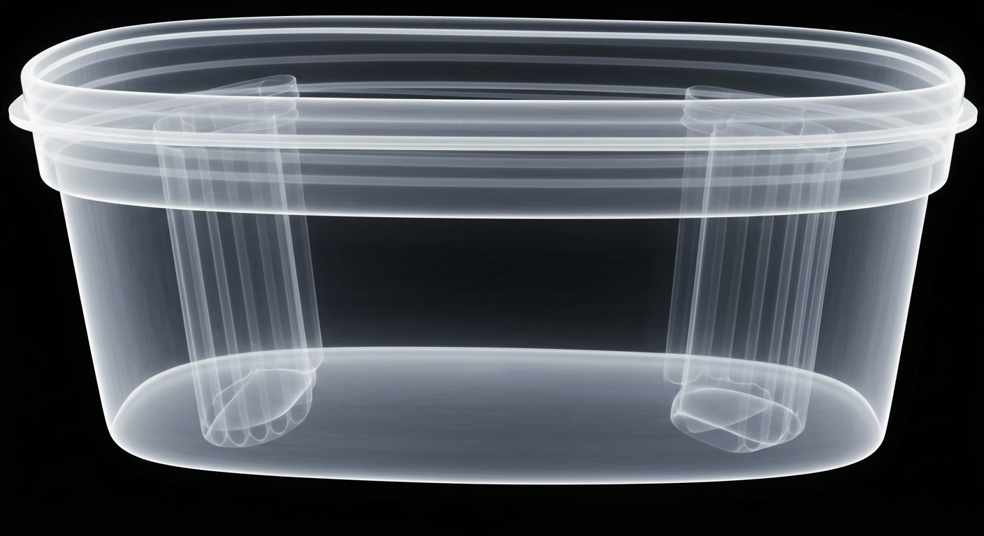 A ghostly, translucent X-ray image of an ice cream container, revealing its internal structure as glowing lines against a dark background, conceptually illustrating the product recall due to improper pasteurization.