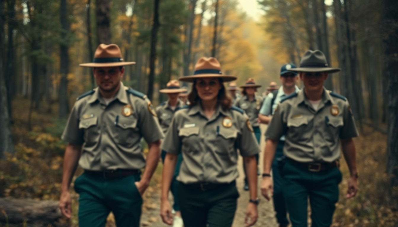 A dreamy, impressionistic photograph showing the silhouettes of several people walking along a wooded trail, their faces and details obscured in a soft, out-of-focus blur of warm, earthy colors, conceptually representing the new park staff taking on their roles.