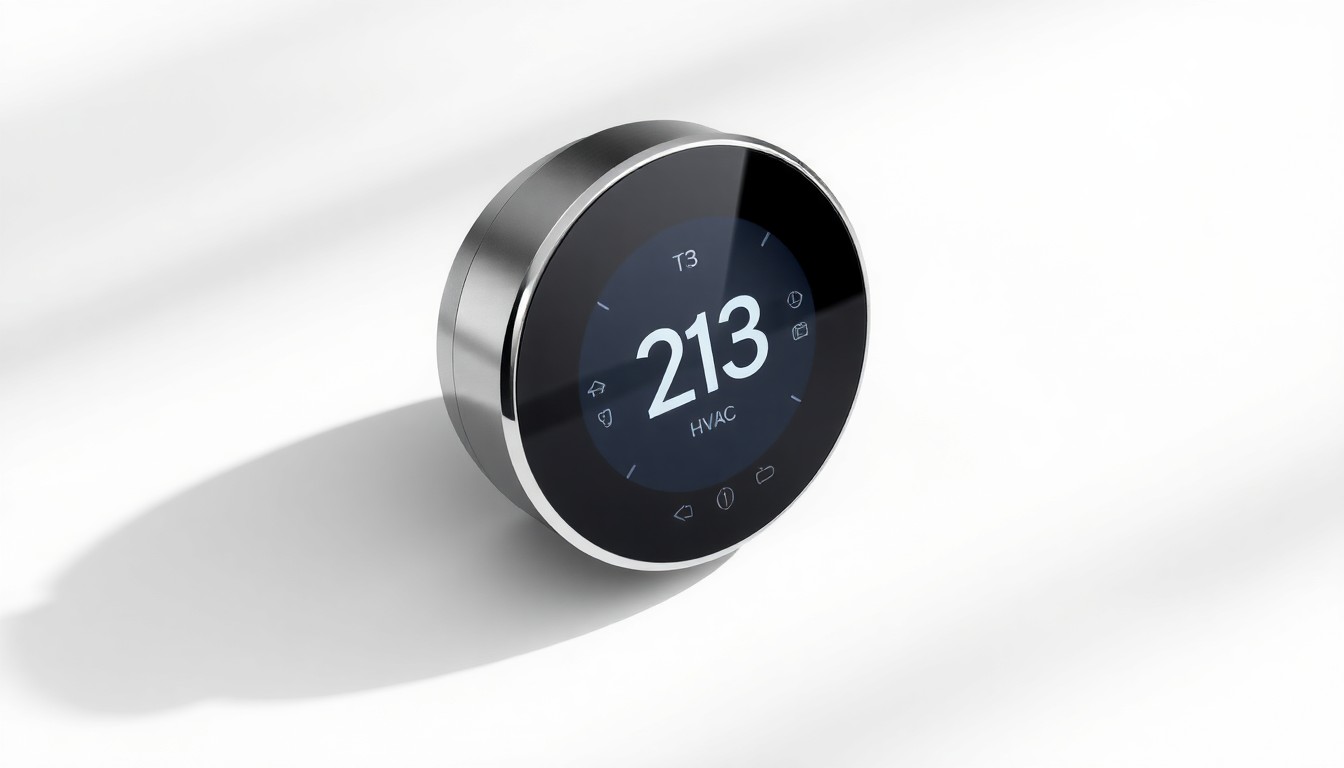 A high-end, photorealistic studio still-life photograph of a sleek, modern HVAC unit or thermostat made of polished metal and glass, arranged elegantly on a clean, white seamless background with dramatic lighting and shadows, conceptually representing the precision and reliability of Cyclone Heating and Air's HVAC services.