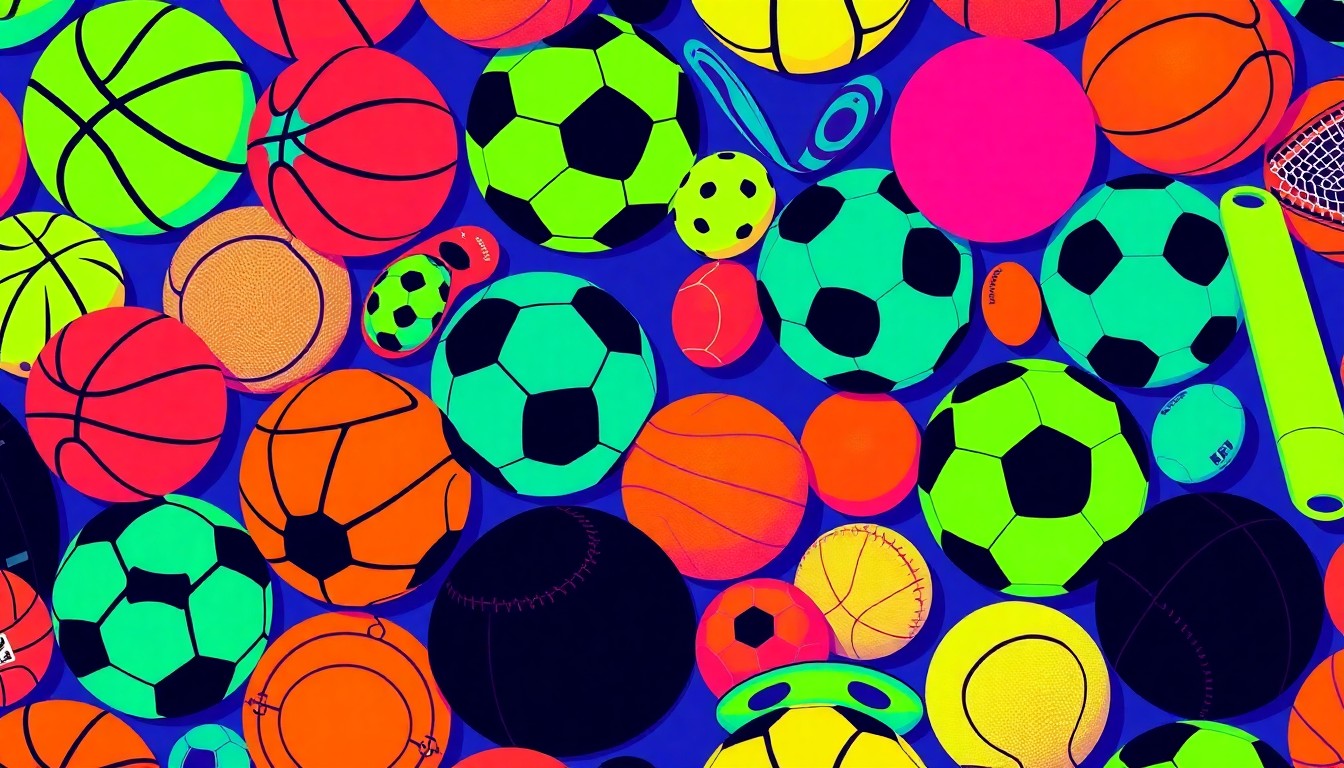 A bold, colorful silkscreen-style illustration featuring a repeating grid of sports equipment like a basketball, soccer ball, and other athletic gear, rendered in a high-contrast, neon color palette that captures the energy and inclusivity of the school's Unified Champion program.