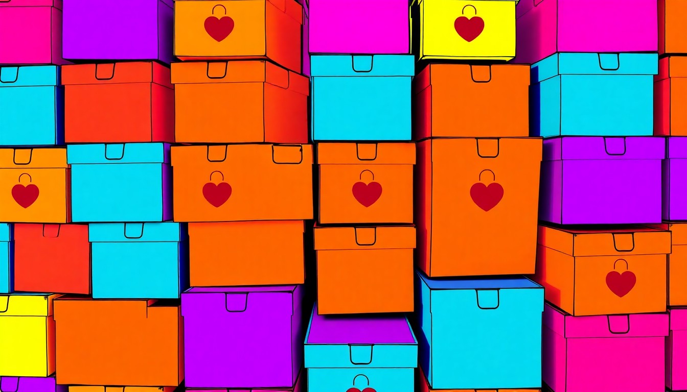 A brightly colored, high-contrast silkscreen print of a stack of colorful charity donation boxes, repeated in a tight grid pattern, conceptually representing the diverse range of community-driven charitable efforts highlighted in the story.