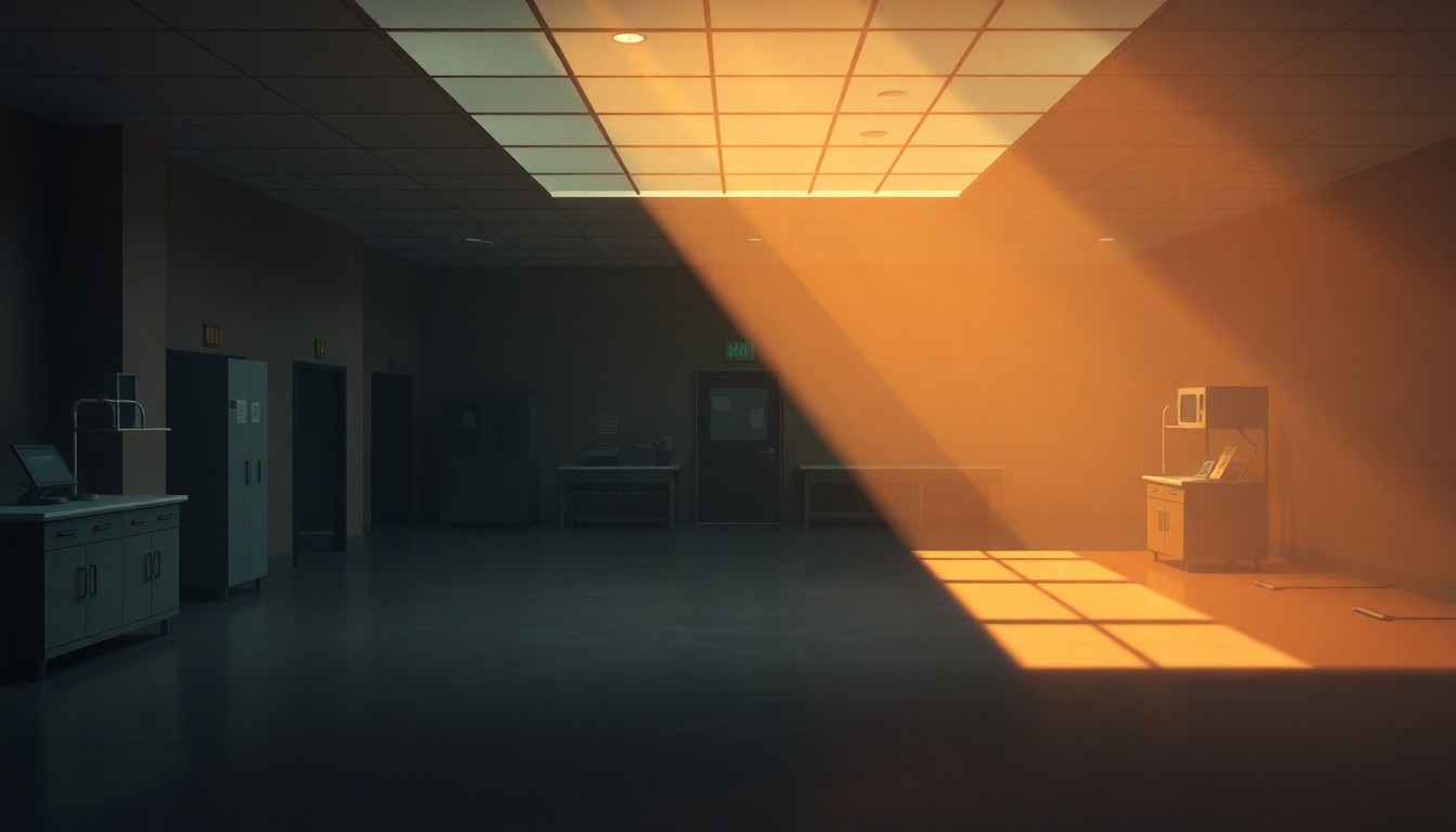 A dimly lit, cinematic painting of an empty government laboratory space, with warm sunlight streaming in through the windows and deep shadows covering much of the room, conveying a sense of uncertainty and foreboding about the facility's future.