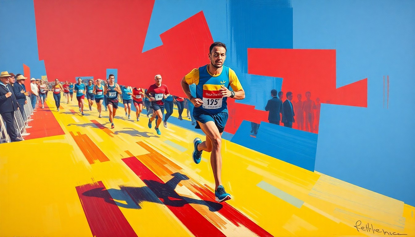 A fractured, cubist-style painting depicting a runner in motion, with sharp geometric planes in vibrant colors conveying the energy and dynamism of the Broad Street Run.