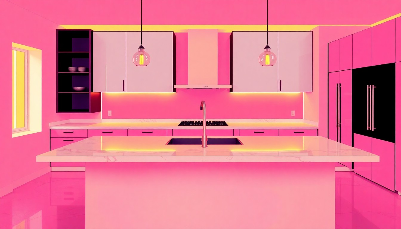 A brightly colored, high-contrast silkscreen print of a kitchen island with a sleek quartz countertop, repeated in a tight grid pattern in the style of Andy Warhol.