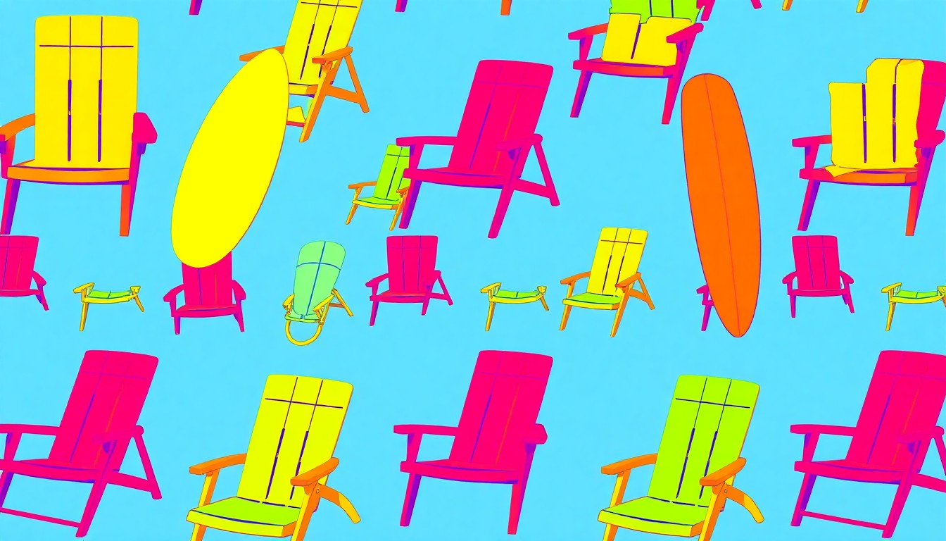 A vibrant, high-contrast silkscreen print of a beach chair repeated in a grid pattern, conceptually representing the coastal lifestyle and luxury amenities of the Belmont Shore property.