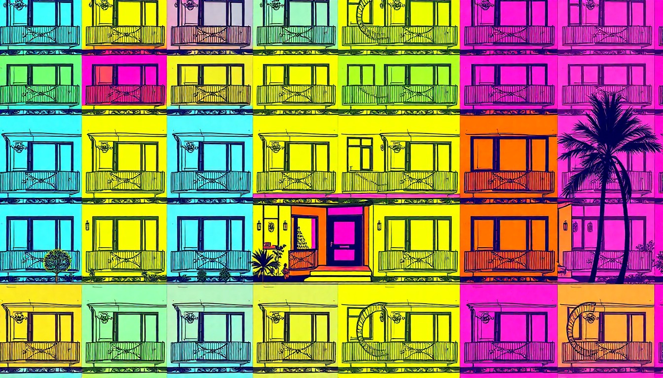 A brightly colored, high-contrast silkscreen print of a luxury home exterior, repeated in a tight grid pattern in the style of Andy Warhol, utilizing flat, vibrant, and unnatural neon color palettes overlapping with heavy black photographic outlines to turn the everyday home into modern pop art.