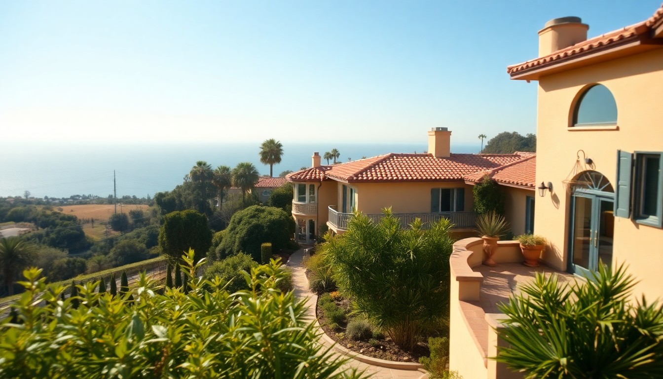 An extremely abstracted, out-of-focus photograph in soft pools of warm color and light, capturing the essence of a peaceful, sun-drenched Spanish-style home nestled in the hills of Laguna Beach, with glimpses of lush greenery and a distant ocean view.