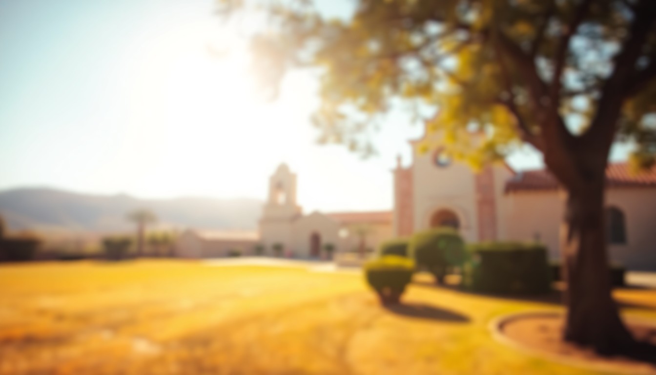 A softly focused, atmospheric photograph in warm, earthy tones depicting the silhouette of a bell tower in the distance, surrounded by a blurred, sun-drenched outdoor scene, conceptually representing the serene and historic setting of this San Juan Capistrano property.