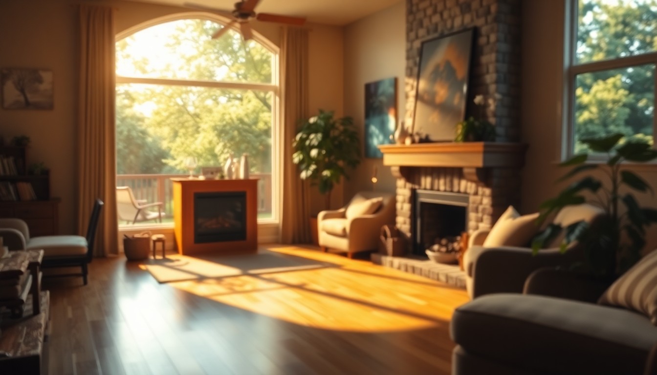 An extremely abstracted, out-of-focus photograph in soft, warm tones depicting the cozy interior of a home, with glimpses of a lush backyard visible through a large window, conceptually representing the blend of classic charm and contemporary comfort in this Brea property.