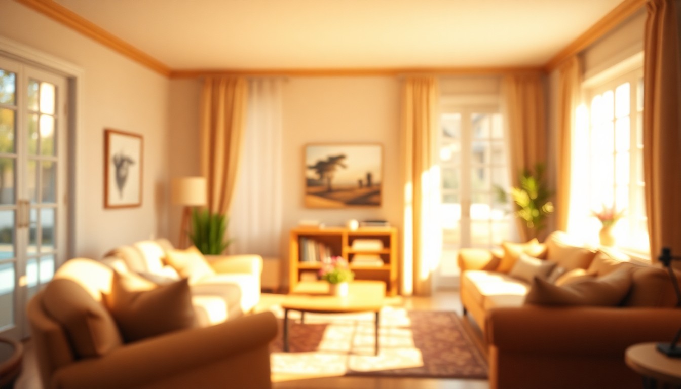 An extremely abstracted, out-of-focus photograph of a cozy living room scene, with soft pools of warm color and light creating a dreamlike, atmospheric quality.