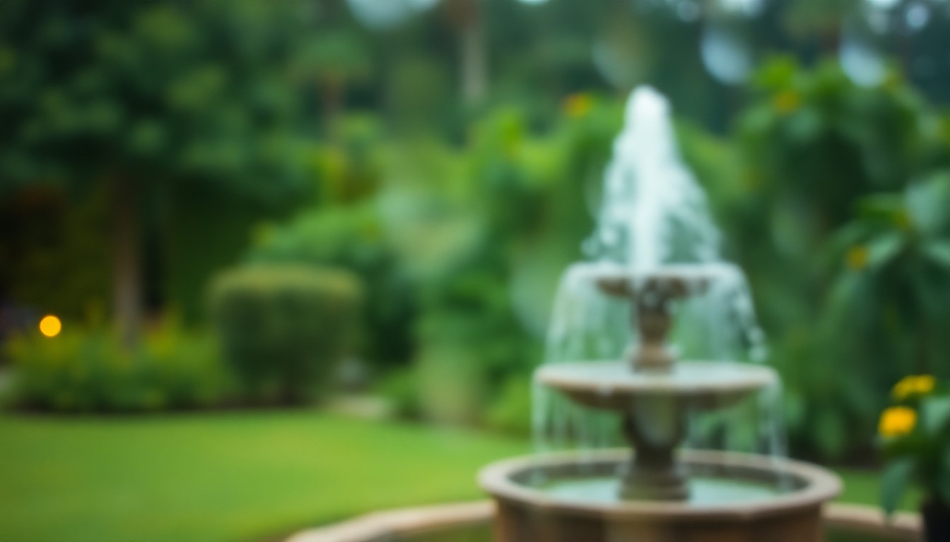 An extremely blurred, impressionistic image of a lush, green backyard with a bubbling water fountain, captured through a rain-streaked window in warm, glowing light.