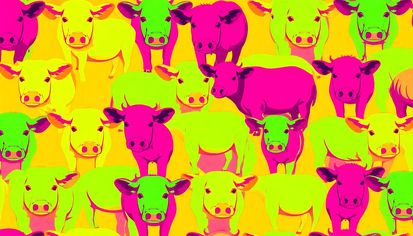 A vibrant, high-contrast silkscreen print featuring a repeated grid of a single farm animal icon, such as a cow or chicken, rendered in a bold, neon color palette that transforms the everyday into modern pop art.