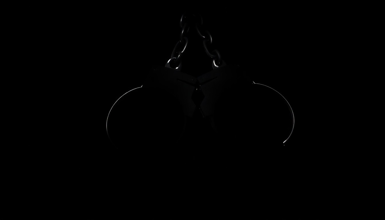 An extreme close-up photograph of a set of handcuffs against a pitch-black background, lit dramatically by a harsh camera flash, conceptually representing the criminal justice system.