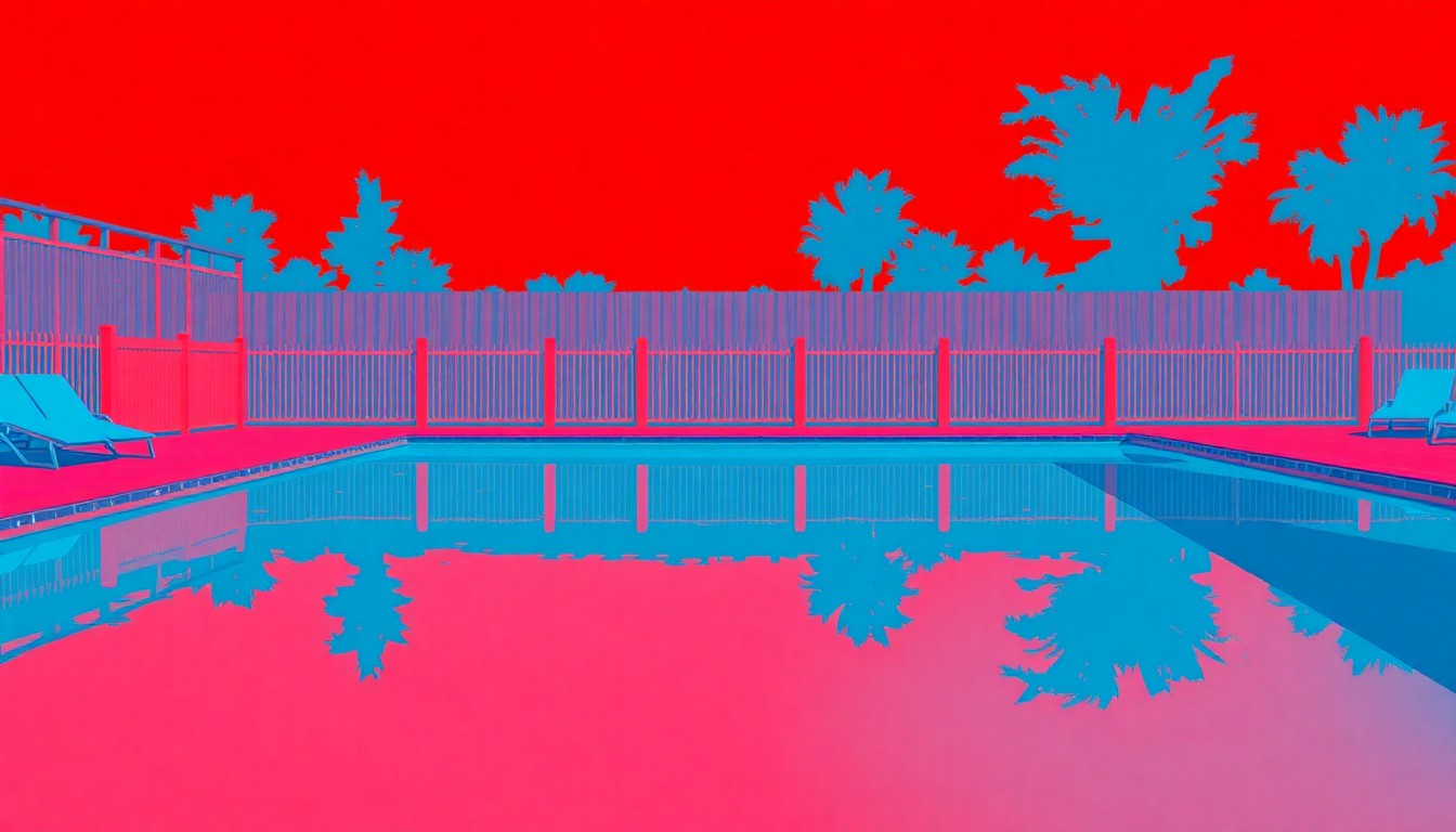 A brightly colored, high-contrast silkscreen-style illustration of a swimming pool with a vibrant blue water and a red-orange sky in the background, repeated in a tight grid pattern, conceptually representing the luxury and resort-style amenities of the Trabuco Canyon home.