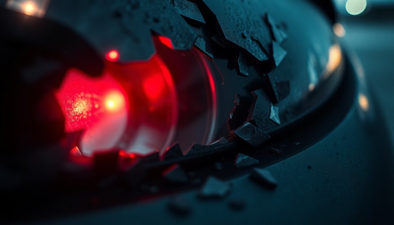 An extreme close-up of a shattered car sensor lens reflecting a faint red light, conceptually illustrating the aftermath of a drunk driving crash.