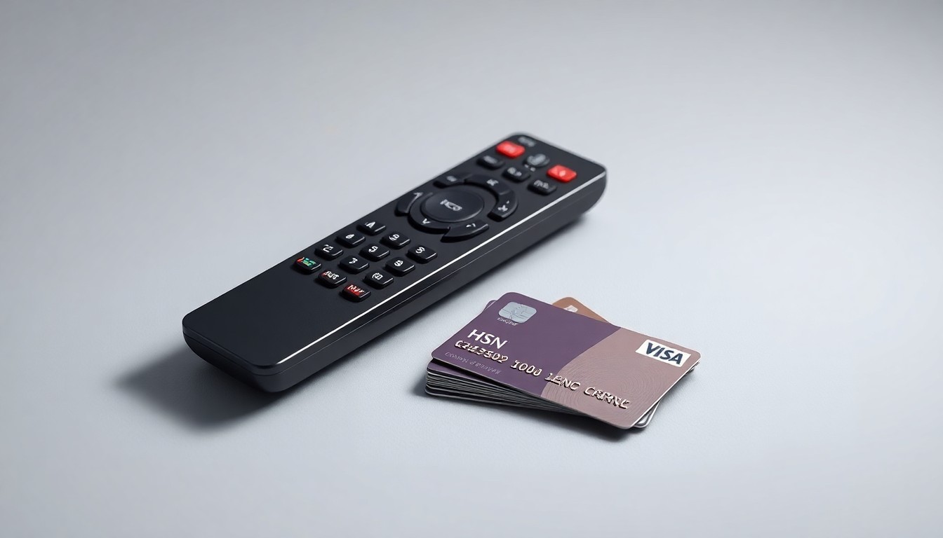 A high-end, photorealistic studio still-life photograph featuring a sleek, modern TV remote control and a stack of credit cards elegantly arranged on a clean, monochromatic background, conceptually representing the financial challenges facing the QVC and HSN television shopping empire.