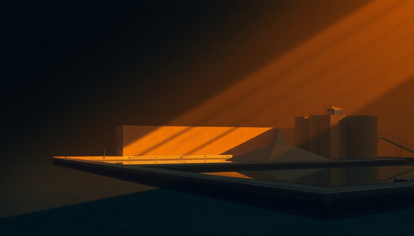 A serene, photorealistic painting of a lone water treatment facility surrounded by lush greenery, with the building's facade bathed in warm, golden light and deep shadows, conveying a sense of quiet contemplation about the challenges facing Iowa's water infrastructure.