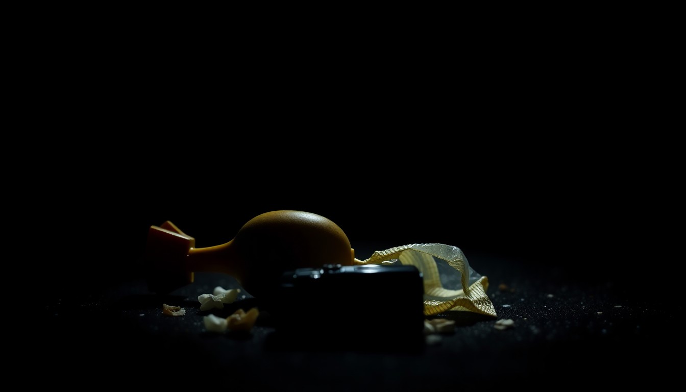 An extreme close-up photograph of a discarded toy or piece of trash from an unsanitary home, lit by a harsh, direct camera flash, conveying the gritty, investigative nature of this case without depicting any violence or victims.